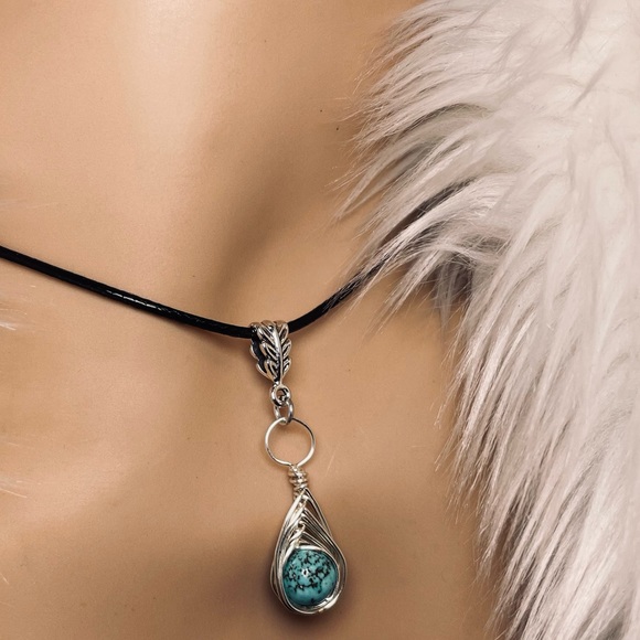 Genuine Turquoise Pendant Hand Wire Wrapped With Silver Pl Wire - Picture 5 of 8